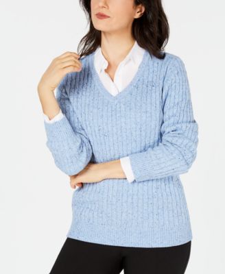 Karen Scott Cable-Knit V-Neck Sweater ...